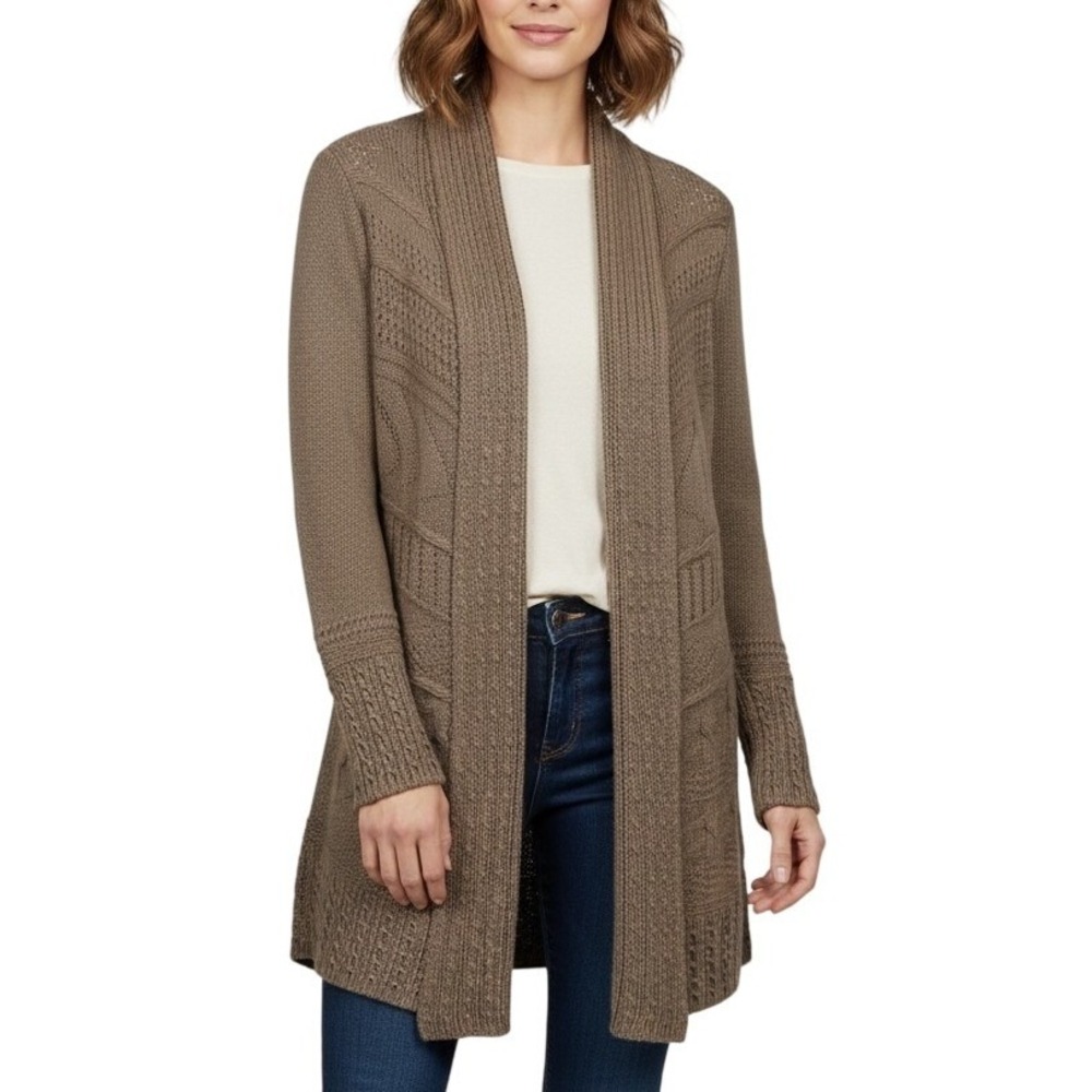 Anthropologie Angel of the North Long Open Front Knit‎ Cardigan Sweater Taupe L